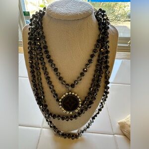 Upcycled 4 Strand Elegant Black Beaded Necklace with Pendant